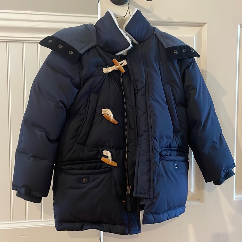 Crewcuts navy kids parka jacket size 4/5 with zipper, toggles and hood